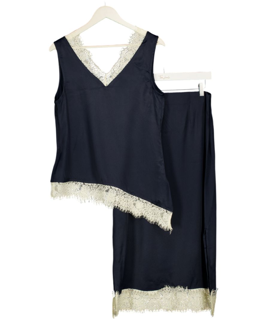 WHISTLES Blue 2-piece Navy Lace Trim Satin Cami Top & Midi Skirt Set UK 10