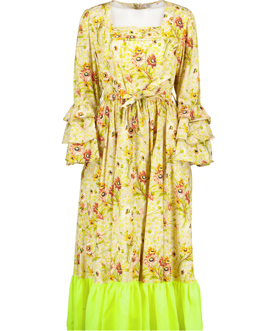 Batsheva Yellow Laura Ashley Waverley Witton Floral Print Midi Dress UK 14