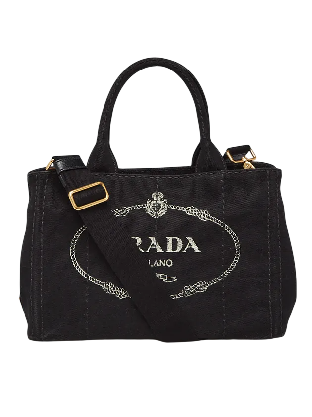 PRADA Black Canapa Canvas Small Tote Bag With Crossbody Strap