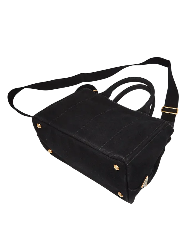 PRADA Black Canapa Canvas Small Tote Bag With Crossbody Strap
