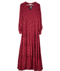 BYTIMO Burgundy Red / Gold Shirred Bodice Tiered Floral Maxi Dress UK M