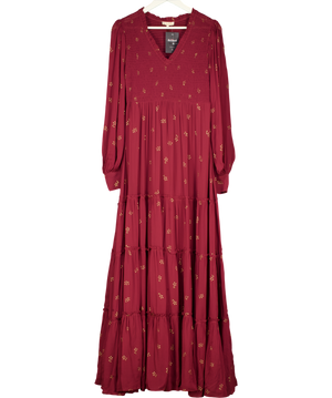 BYTIMO Burgundy Red / Gold Shirred Bodice Tiered Floral Maxi Dress UK M
