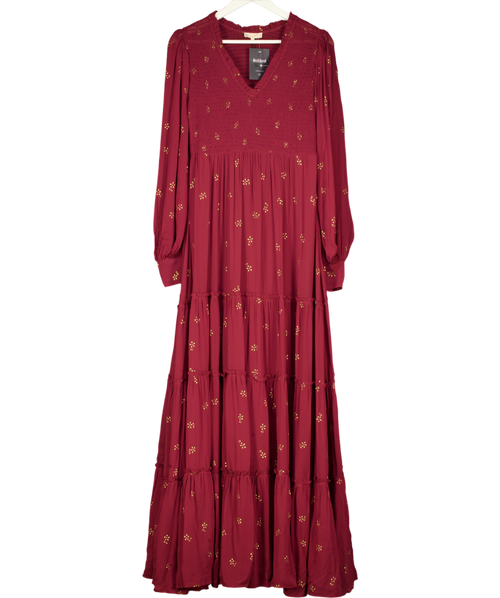 BYTIMO Burgundy Red / Gold Shirred Bodice Tiered Floral Maxi Dress UK M