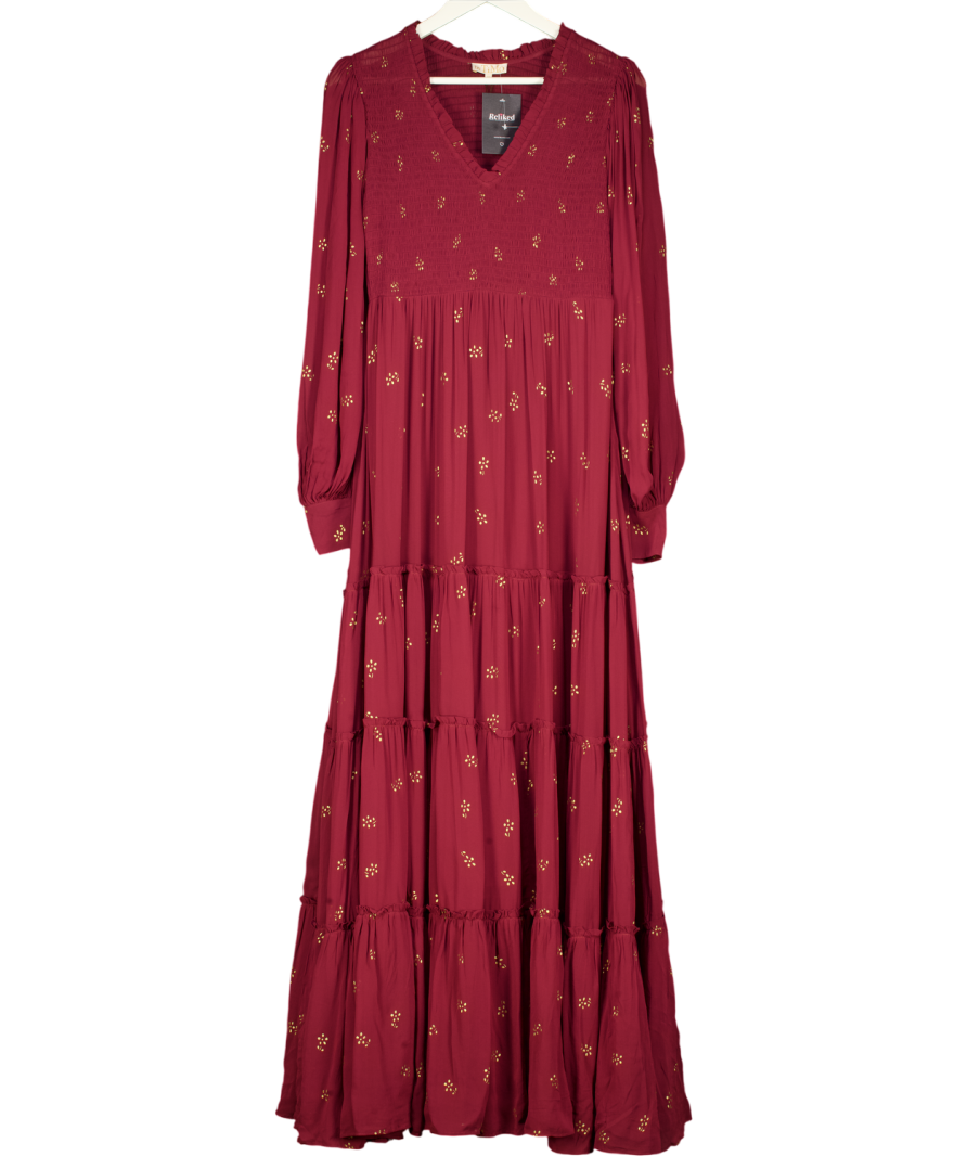 BYTIMO Burgundy Red / Gold Shirred Bodice Tiered Floral Maxi Dress UK M