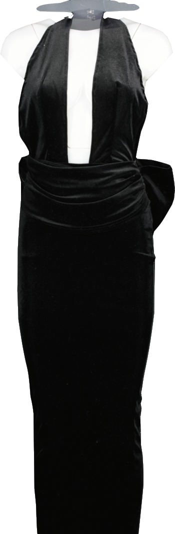 PrettyLittleThing Black Velvet Bow Detail Maxi Dress UK 6