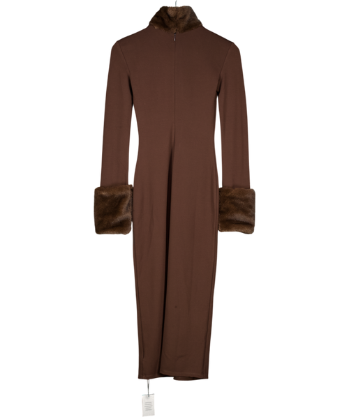 CAMILA COELHO Chocolate Brown Fur Trim Long Sleeve Dress UK XXS
