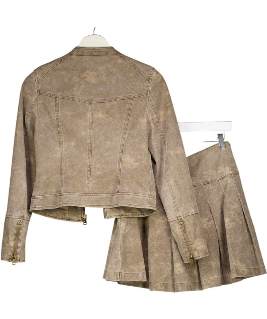Guess Brown Faux Suede Biker Jacket (xs) And Skirt Set UK L