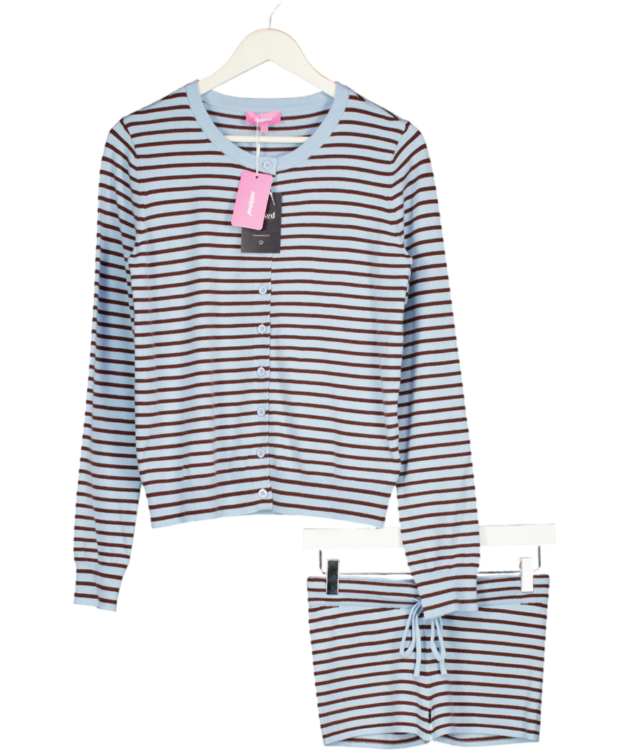 EDIKTED 2-piece Blue / Brown Striped Long Sleeve Top (uk L) & Shorts UK XS