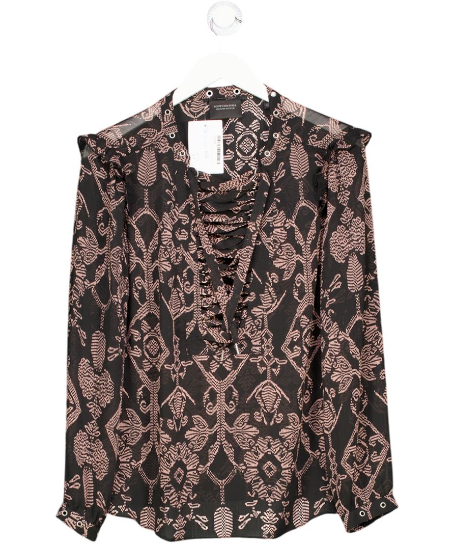 Maison Scotch Black Sheer Printed Lace Up Eyelet Details Top UK M