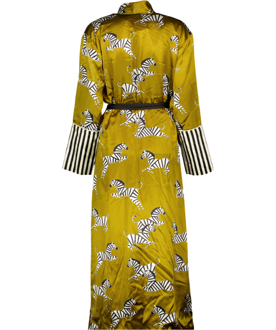 OLIVIA VON HALLE Olive Green / Black Zebra Rint Silk Robe UK XS/S