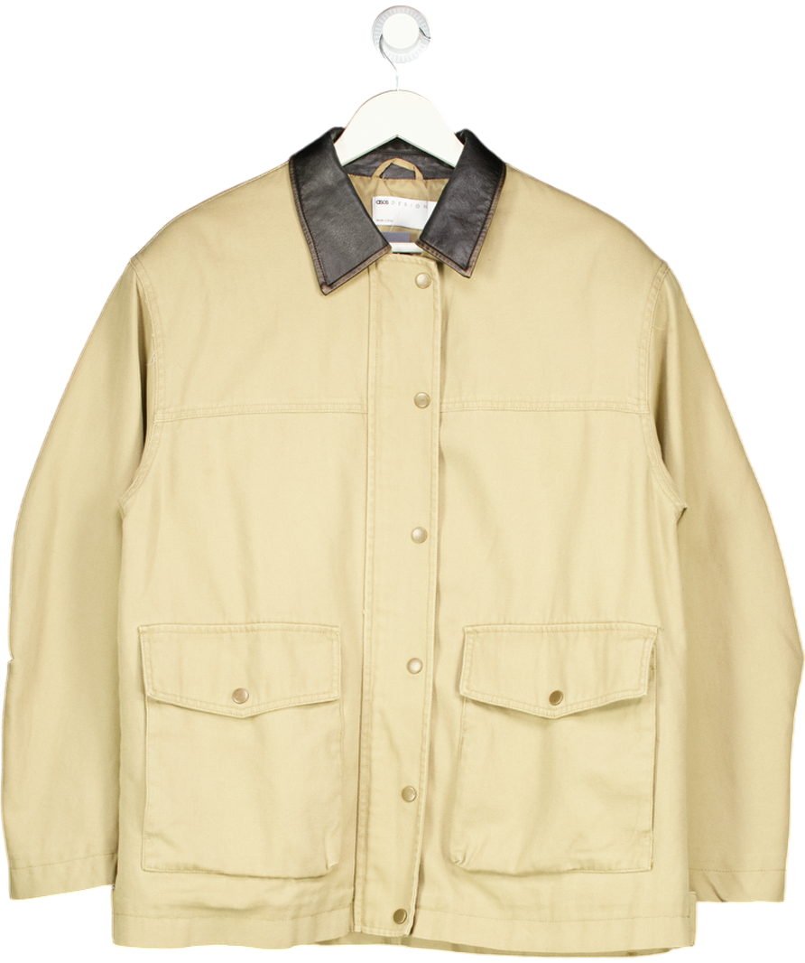 ASOS Beige Design Oversized Washed Jacket With Leather Look Collar UK 10