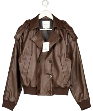 ROMY Chocolate Brown Faux leather Double Breasted Bomber Jacket UK M