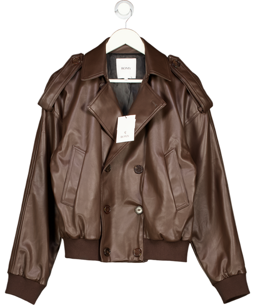 ROMY Chocolate Brown Fauxleahter Double Breasted Bomber Jacket UK M