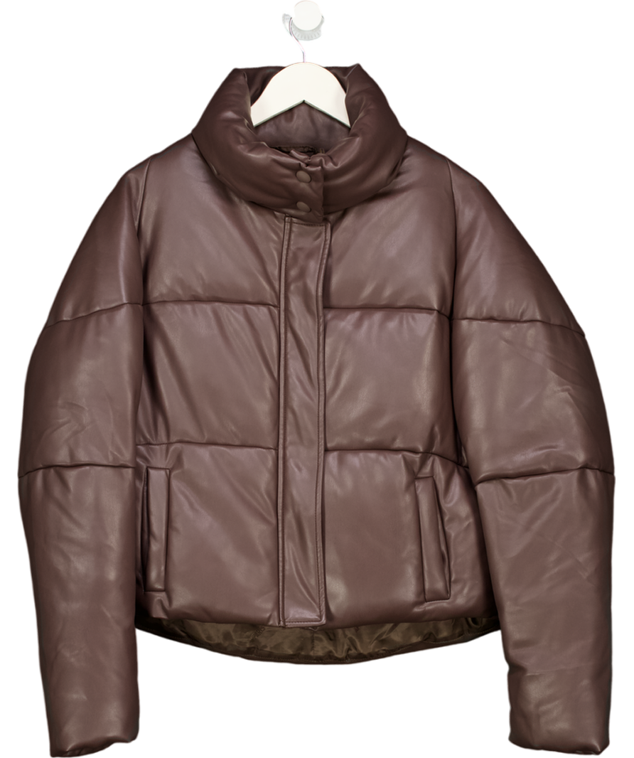APPARIS Chocolate Brown Faux Leather Funnel Neck Puffer Jacket UK S
