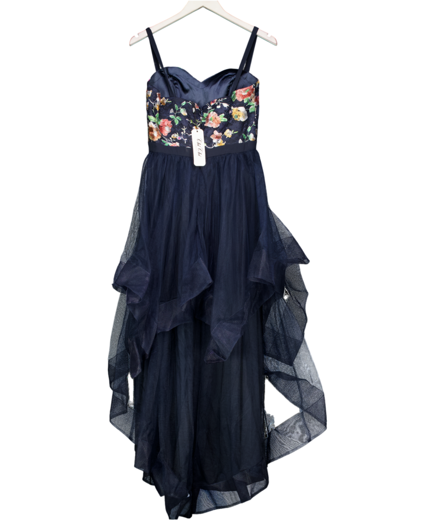 Chi Chi London Blue Embroidered Mesh Dip Hem Dress UK 10
