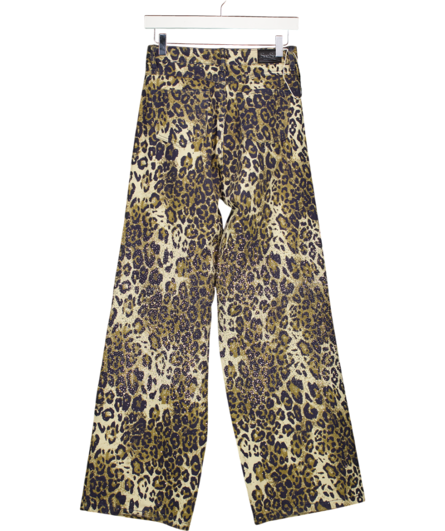 SEE SEE PARIS Brown Crystal Embellished Leopard Print Wide Leg Jeans UK 6