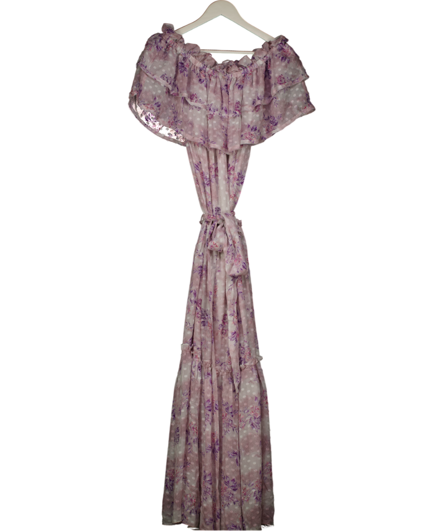 LOVESHACKFANCY Purple Lavender Silk Floral Off The Shoulder Dress UK XS