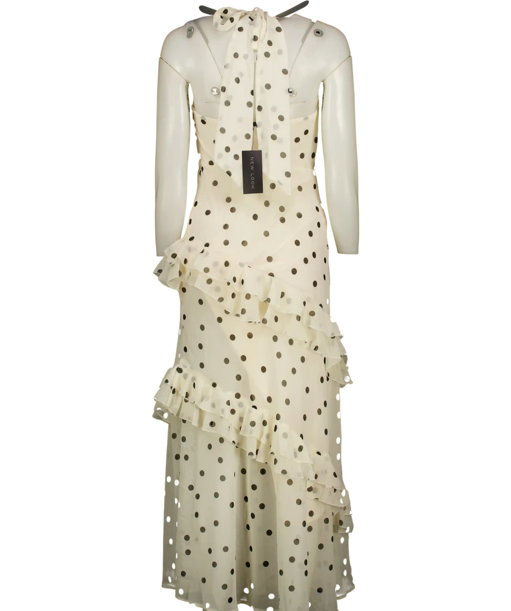 NEW LOOK Off White Polka Dot Cowl Neck Chiffon Midi Dress UK 6
