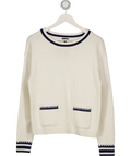 TALBOTS Ivory / Navy Blue Patch Pocket Cotton Knit Jumper UK S