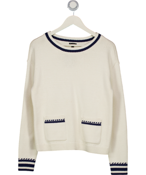 TALBOTS Ivory / Navy Blue Patch Pocket Cotton Knit Jumper UK S
