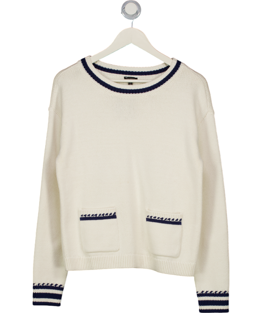 TALBOTS Ivory / Navy Blue Patch Pocket Cotton Knit Jumper UK S