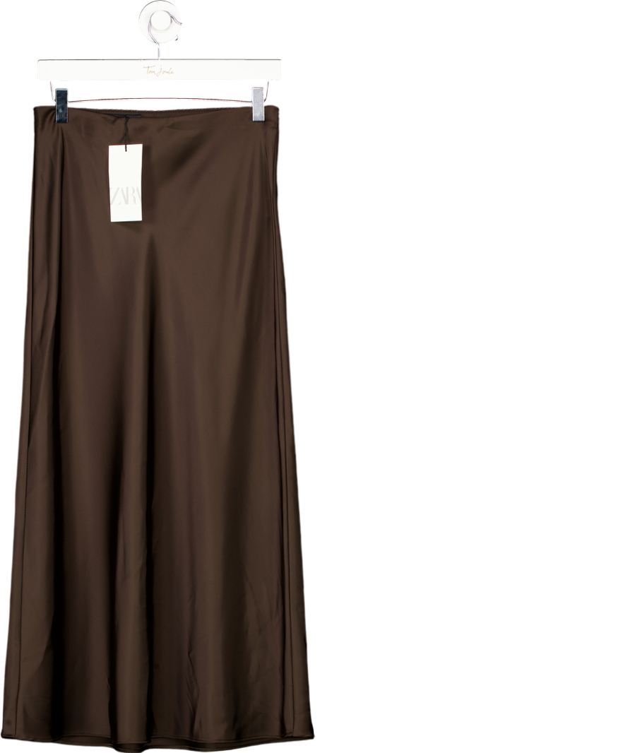 ZARA Chocolate Brown Satin Midi Skirt UK XS