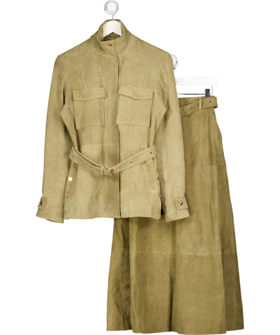 KAREN MILLEN 2-piece Olive Green Suede Utility Jacket And Belted Midi Skirt Set UK 6