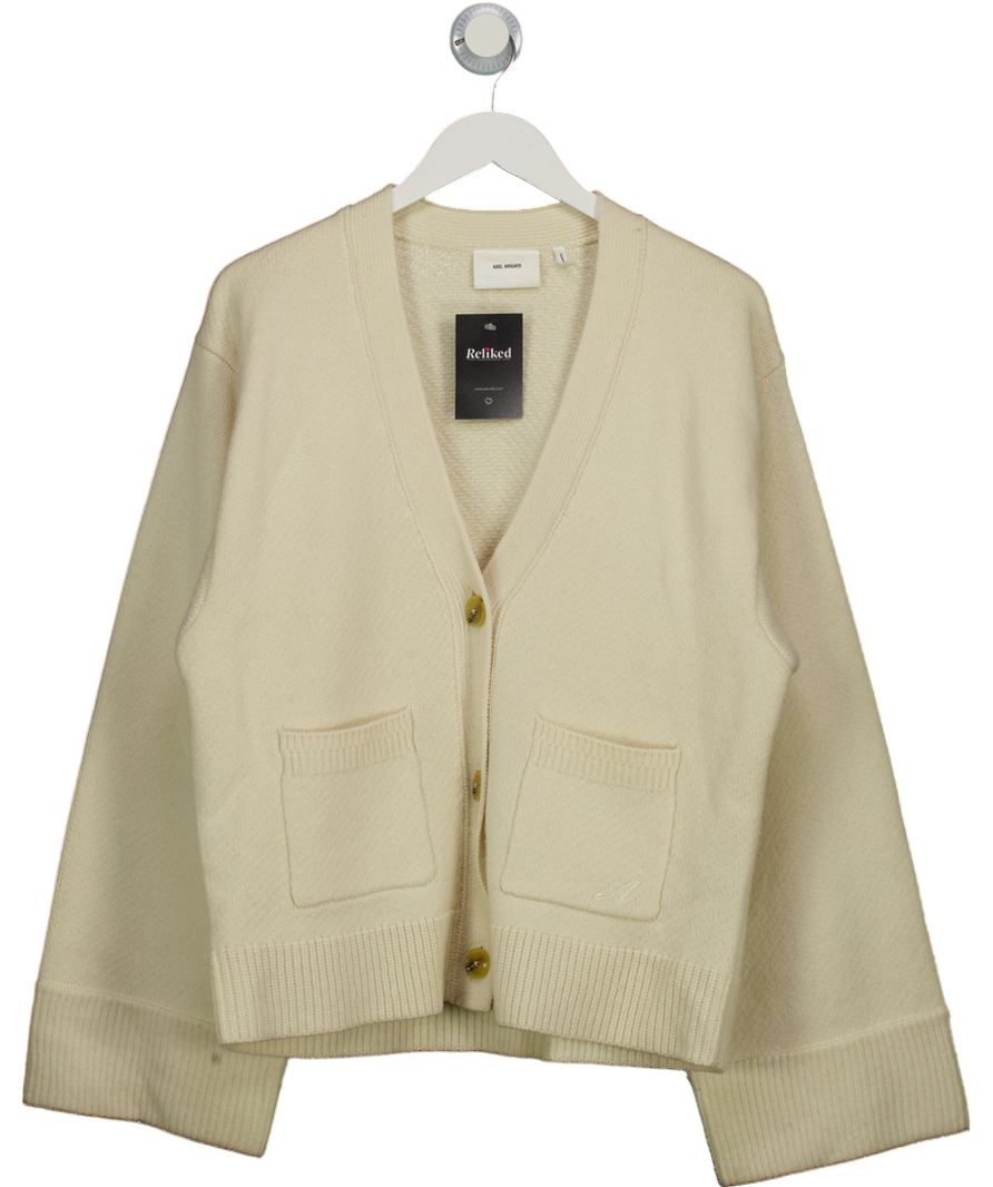 AXEL ARIGATO Cream 100% Wool Memory Relaxed Embroidered "a" Logo Cardigan UK M