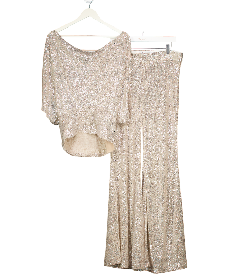 ZARA 2-piece Beige / Silver Sequin Top (uk L) And Trouser Set UK L/XL
