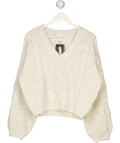 THE COUTURE  CLUB Beige Emblem Knitted V Neck Jumper UK L