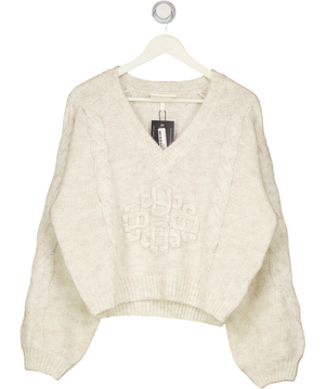 THE COUTURE  CLUB Beige Emblem Knitted V Neck Jumper UK L