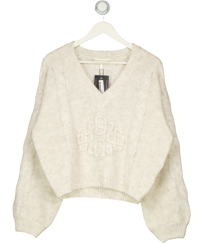 THE COUTURE  CLUB Beige Emblem Knitted V Neck Jumper UK L