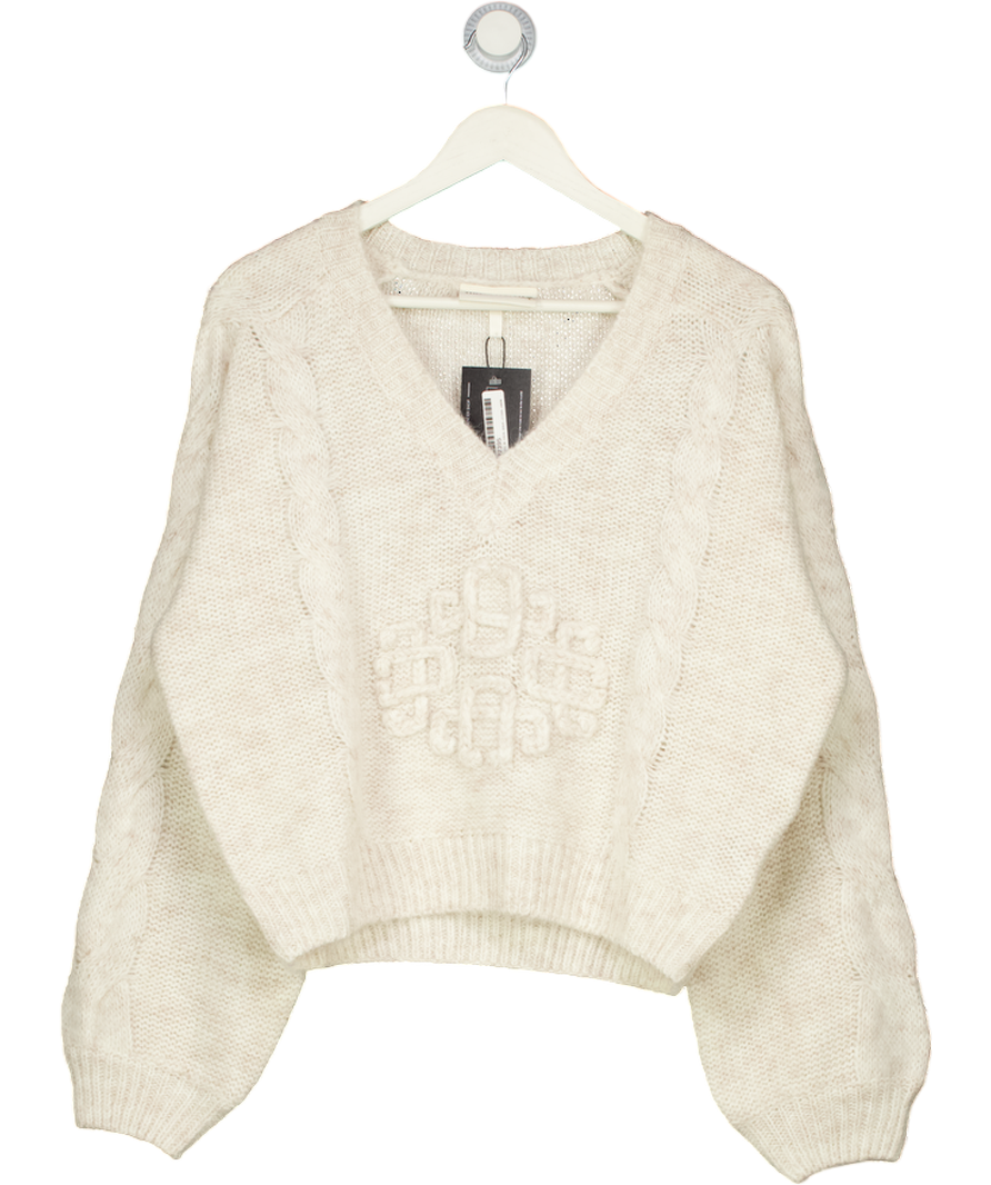 THE COUTURE  CLUB Beige Emblem Knitted V Neck Jumper UK L