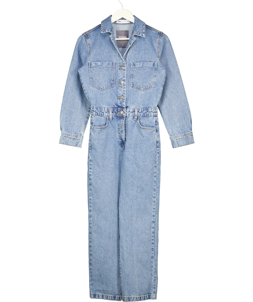 ZARA Blue Denim Long Sleeve Jumpsuit UK XS