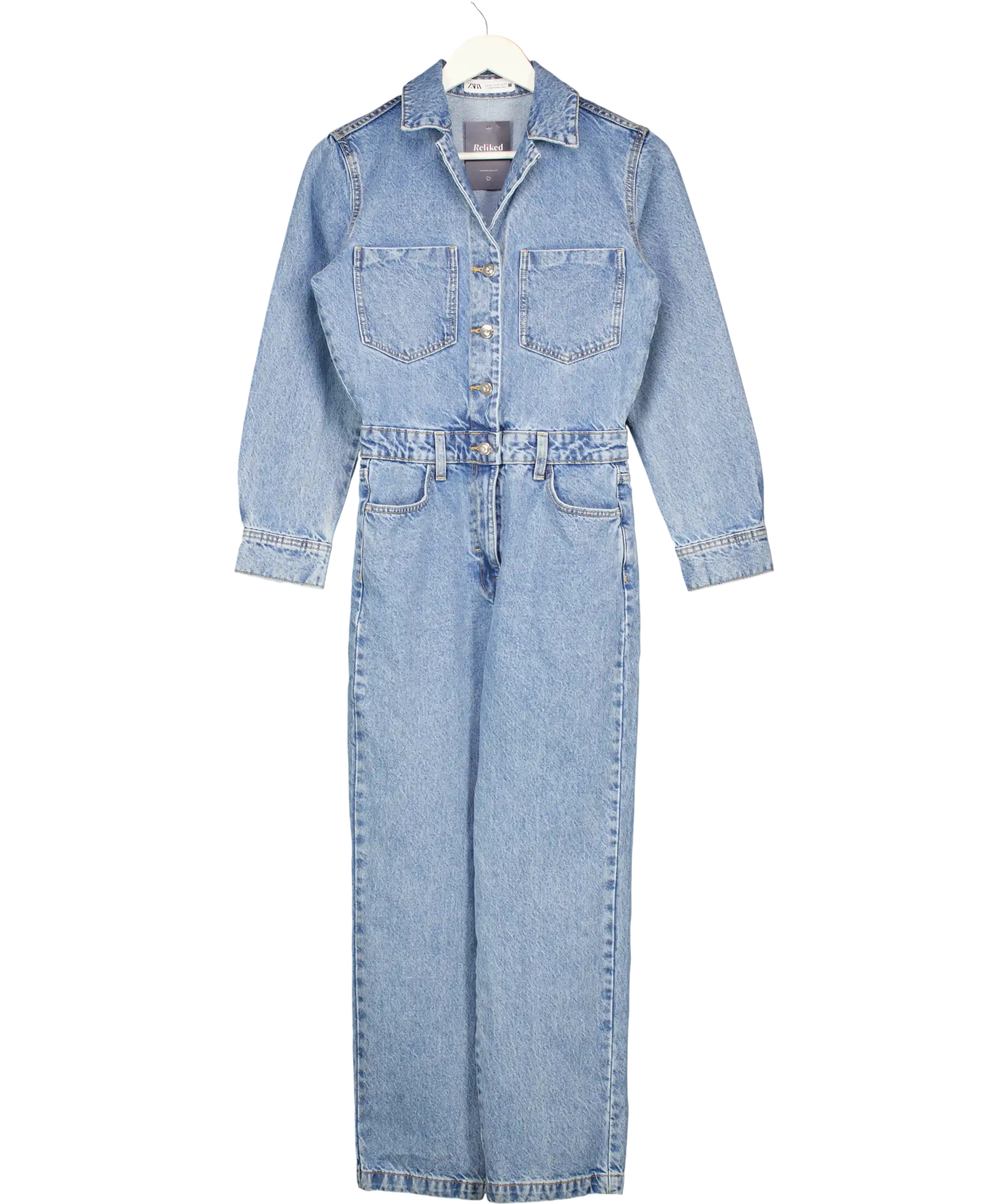 ZARA Blue Denim Long Sleeve Jumpsuit UK XS