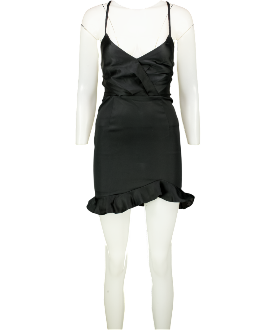 Oh Polly Black Tie Black, Frill Hem Mini Satin Dress UK 10