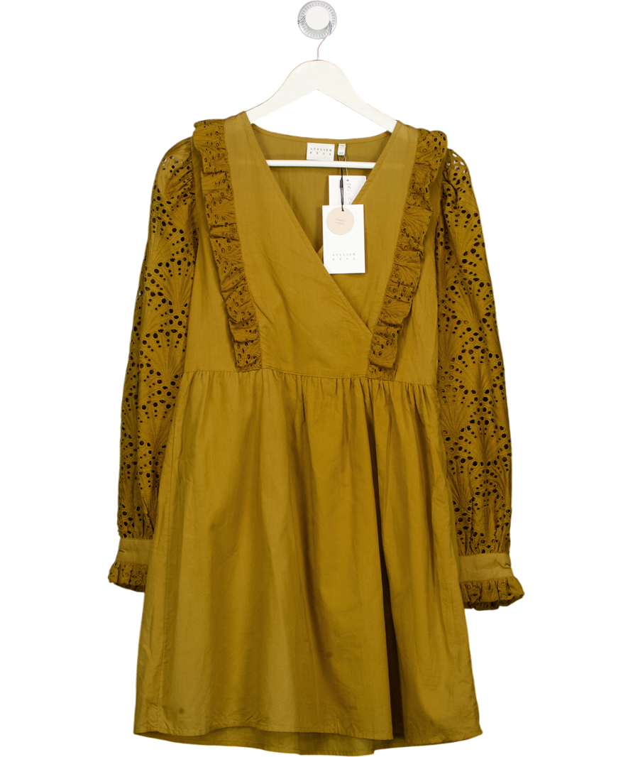 ATELIER REVE Brown 100% Cotton Long Sleeve Broderie Trim Dress Fr36 UK 8