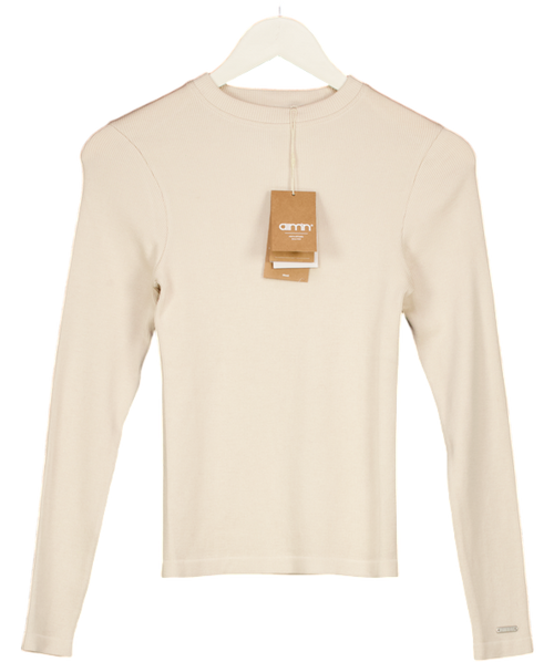 AIM'N Beige Café Au Lait Ribbed Wool Long Sleeve Top UK XS