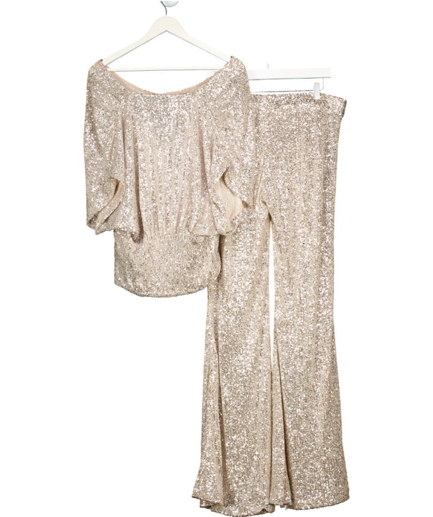 ZARA 2-piece Beige / Silver Sequin Top (uk L) And Trouser Set UK L/XL