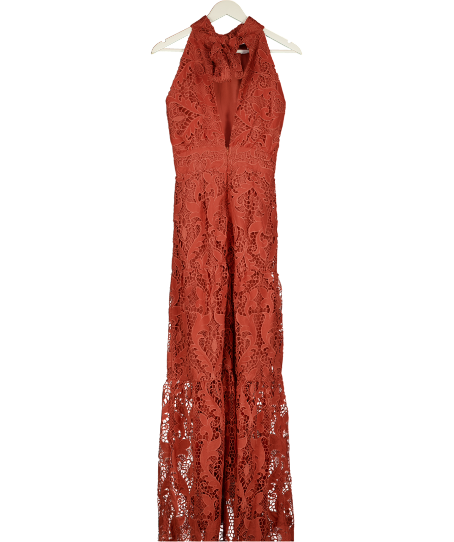 TRUE DECADENCE Red Rust Lace Tiered Maxi Dress UK 10