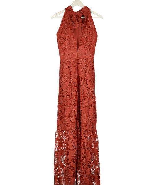 TRUE DECADENCE Red Rust Lace Tiered Maxi Dress UK 10