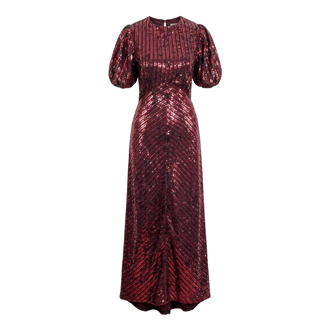 RIXO X Laura Jackson Red Daisy Sequinned Midi Dress UK M