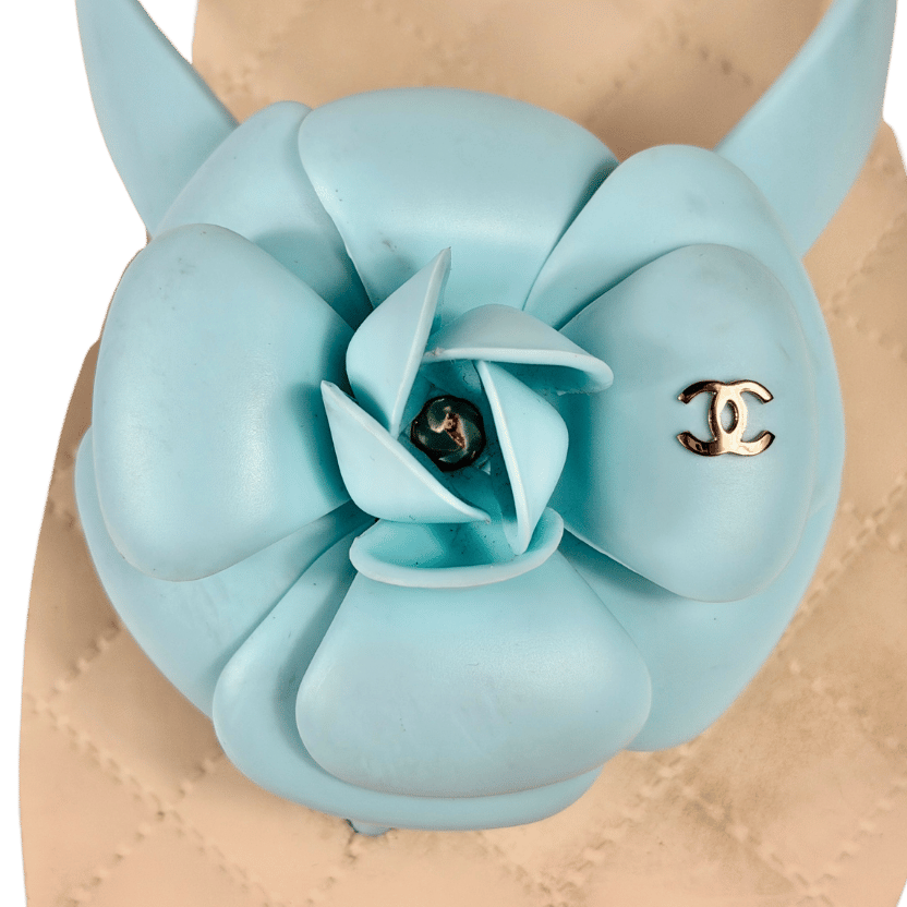 CHANEL Aqua Blue Camelia CC Flip Flops UK 6 EU 39