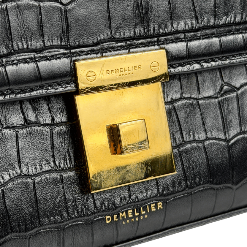 DEMELLIER Paris Clutch in black croc-effect leather with gold chain strap