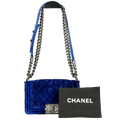 CHANEL Blue Velvet Quilted Mini Boy Bag With Antique Silver Hardware