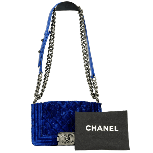 CHANEL Blue Velvet Quilted Mini Boy Bag With Antique Silver Hardware