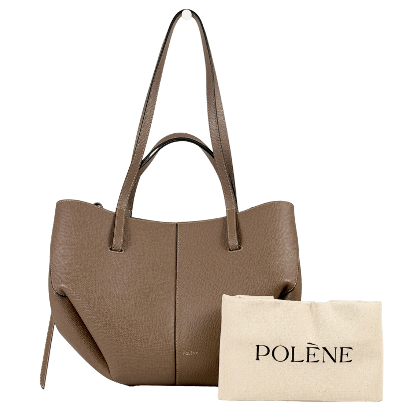 POLENE Taupe Beige Italian Calf Leather Cyme Mini Edition Textured Handbag