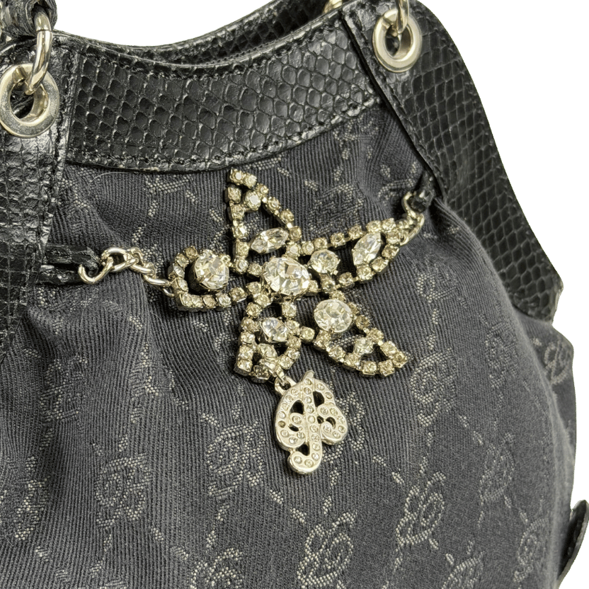 BLUMARINE Black Vintage Monogram Canvas  Leather Embellished Top Handle Bag
