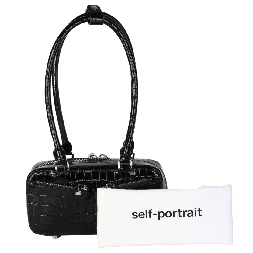 Self-Portrait Black Croc Leather Mini Shoulder Bag