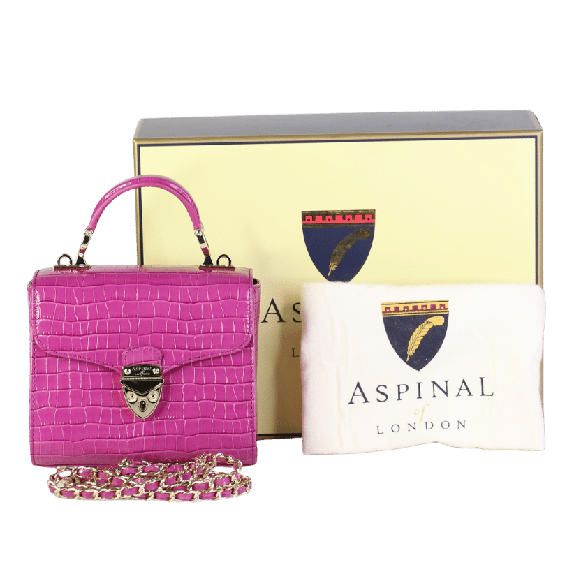 Aspinal Of London Pink Croc Embossed Mini Top Handle Mayfair Bag  with chain strap